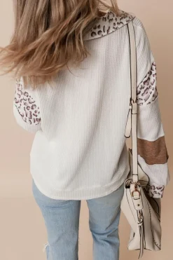 Clearance Dear-Lover Leopard Patchwork Turn-down Collar Waffle Top White
