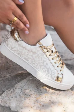 Clearance Dear-Lover Leopard Print Glitter Patched PU Leather Lace-up Shoes White