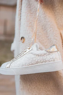 Clearance Dear-Lover Leopard Print Glitter Patched PU Leather Lace-up Shoes White
