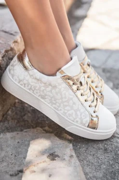 Clearance Dear-Lover Leopard Print Glitter Patched PU Leather Lace-up Shoes White