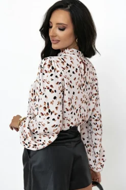 Best Dear-Lover Leopard Print Lantern Sleeve Mock Neck Pleated Blouse White