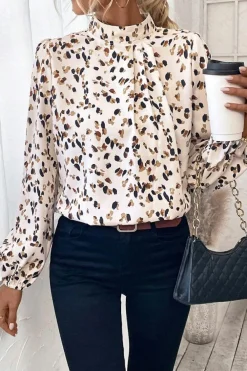 Best Dear-Lover Leopard Print Lantern Sleeve Mock Neck Pleated Blouse White