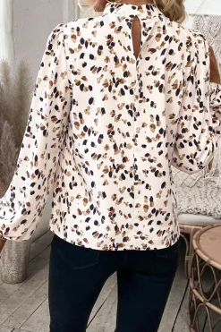 Best Dear-Lover Leopard Print Lantern Sleeve Mock Neck Pleated Blouse White