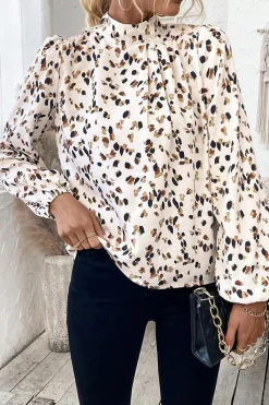Best Dear-Lover Leopard Print Lantern Sleeve Mock Neck Pleated Blouse White