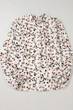 Best Dear-Lover Leopard Print Lantern Sleeve Mock Neck Pleated Blouse White
