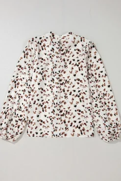 Best Dear-Lover Leopard Print Lantern Sleeve Mock Neck Pleated Blouse White