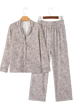 New Dear-Lover Leopard Print Long Sleeve and Pants Pajamas Set White