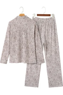 New Dear-Lover Leopard Print Long Sleeve and Pants Pajamas Set White