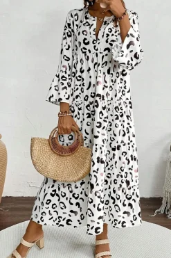 Outlet Dear-Lover Leopard Print Notch V Neck Loose Fit Maxi Dress White