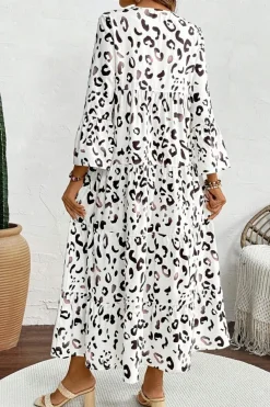 Outlet Dear-Lover Leopard Print Notch V Neck Loose Fit Maxi Dress White