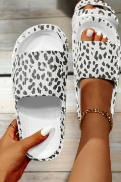 Fashion Dear-Lover Leopard Print Thick Sole Slip On Slippers White