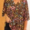 Sale Dear-Lover Leopard Print Wide Sleeve Peplum Hem Blouse White