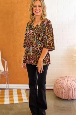 Sale Dear-Lover Leopard Print Wide Sleeve Peplum Hem Blouse White