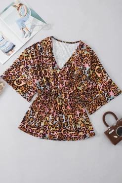 Sale Dear-Lover Leopard Print Wide Sleeve Peplum Hem Blouse White