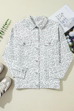 New Dear-Lover Leopard Printed Flap Pocket Denim Jacket White