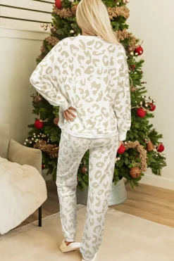 Sale Dear-Lover White Leopard Pullover and Drawstring Pants Lounge Set White Printed