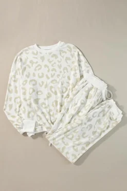 Sale Dear-Lover White Leopard Pullover and Drawstring Pants Lounge Set White Printed