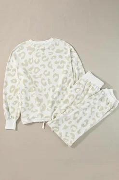 Sale Dear-Lover White Leopard Pullover and Drawstring Pants Lounge Set White Printed