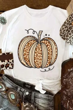 Outlet Dear-Lover Leopard Pumpkin Graphic Crewneck Halloween T Shirt White