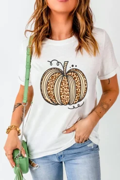 Outlet Dear-Lover Leopard Pumpkin Graphic Crewneck Halloween T Shirt White