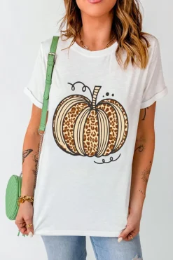 Outlet Dear-Lover Leopard Pumpkin Graphic Crewneck Halloween T Shirt White