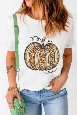 Outlet Dear-Lover Leopard Pumpkin Graphic Crewneck Halloween T Shirt White