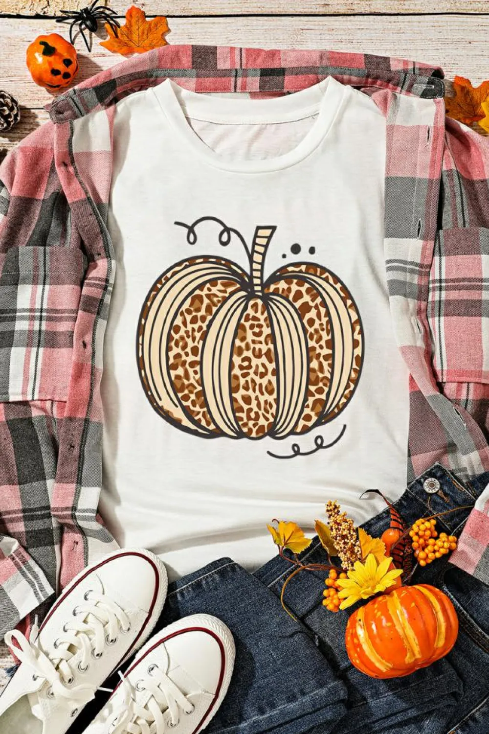 Outlet Dear-Lover Leopard Pumpkin Graphic Crewneck Halloween T Shirt White