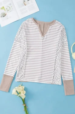 New Dear-Lover Leopard Striped Patch Thumbhole Sleeve Top White