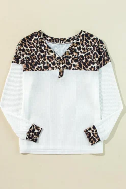Fashion Dear-Lover Leopard Waffle Knit Patchwork Button V Neck Top White