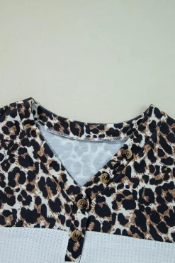 Fashion Dear-Lover Leopard Waffle Knit Patchwork Button V Neck Top White