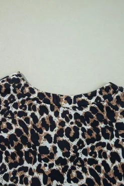 Fashion Dear-Lover Leopard Waffle Knit Patchwork Button V Neck Top White