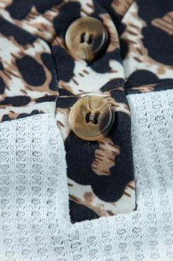 Fashion Dear-Lover Leopard Waffle Knit Patchwork Button V Neck Top White