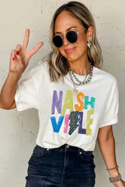 Outlet Dear-Lover Lightening NASHVILLE Graphic Crewneck T Shirt White