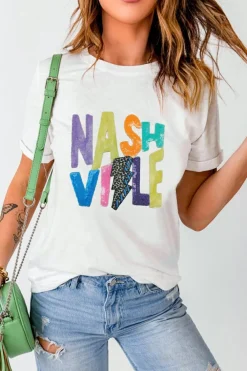 Outlet Dear-Lover Lightening NASHVILLE Graphic Crewneck T Shirt White