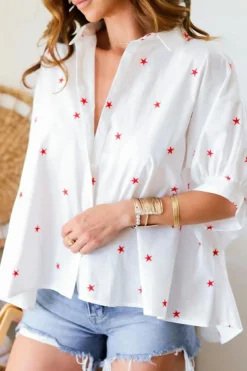 Online Dear-Lover Little Stars Printed Loose Half Sleeve Loose Shirt White