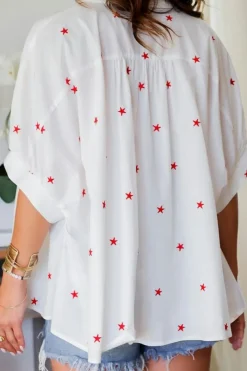 Online Dear-Lover Little Stars Printed Loose Half Sleeve Loose Shirt White
