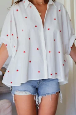 Online Dear-Lover Little Stars Printed Loose Half Sleeve Loose Shirt White