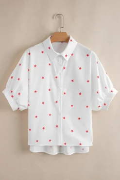 Online Dear-Lover Little Stars Printed Loose Half Sleeve Loose Shirt White