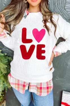 Clearance Dear-Lover LOVE Chenille Embroidered Cable Knit Pullover Sweatshirt White