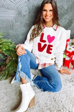 Clearance Dear-Lover LOVE Chenille Embroidered Cable Knit Pullover Sweatshirt White