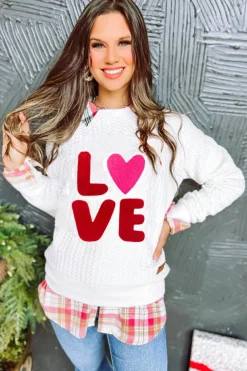 Clearance Dear-Lover LOVE Chenille Embroidered Cable Knit Pullover Sweatshirt White