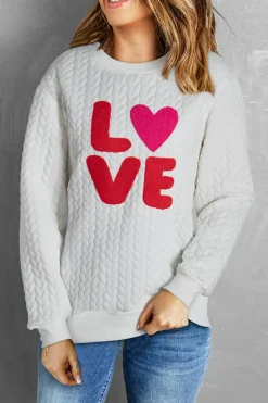 Clearance Dear-Lover LOVE Chenille Embroidered Cable Knit Pullover Sweatshirt White
