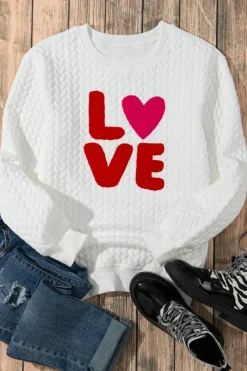Clearance Dear-Lover LOVE Chenille Embroidered Cable Knit Pullover Sweatshirt White