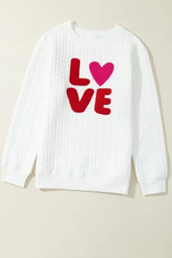 Clearance Dear-Lover LOVE Chenille Embroidered Cable Knit Pullover Sweatshirt White