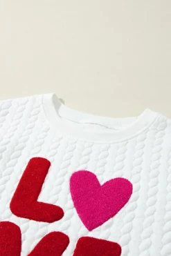 Clearance Dear-Lover LOVE Chenille Embroidered Cable Knit Pullover Sweatshirt White