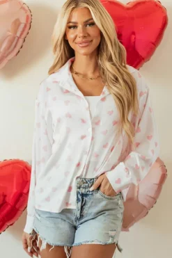 Outlet Dear-Lover Love Heart Print Drop Shoulder Puff Sleeve Shirt White