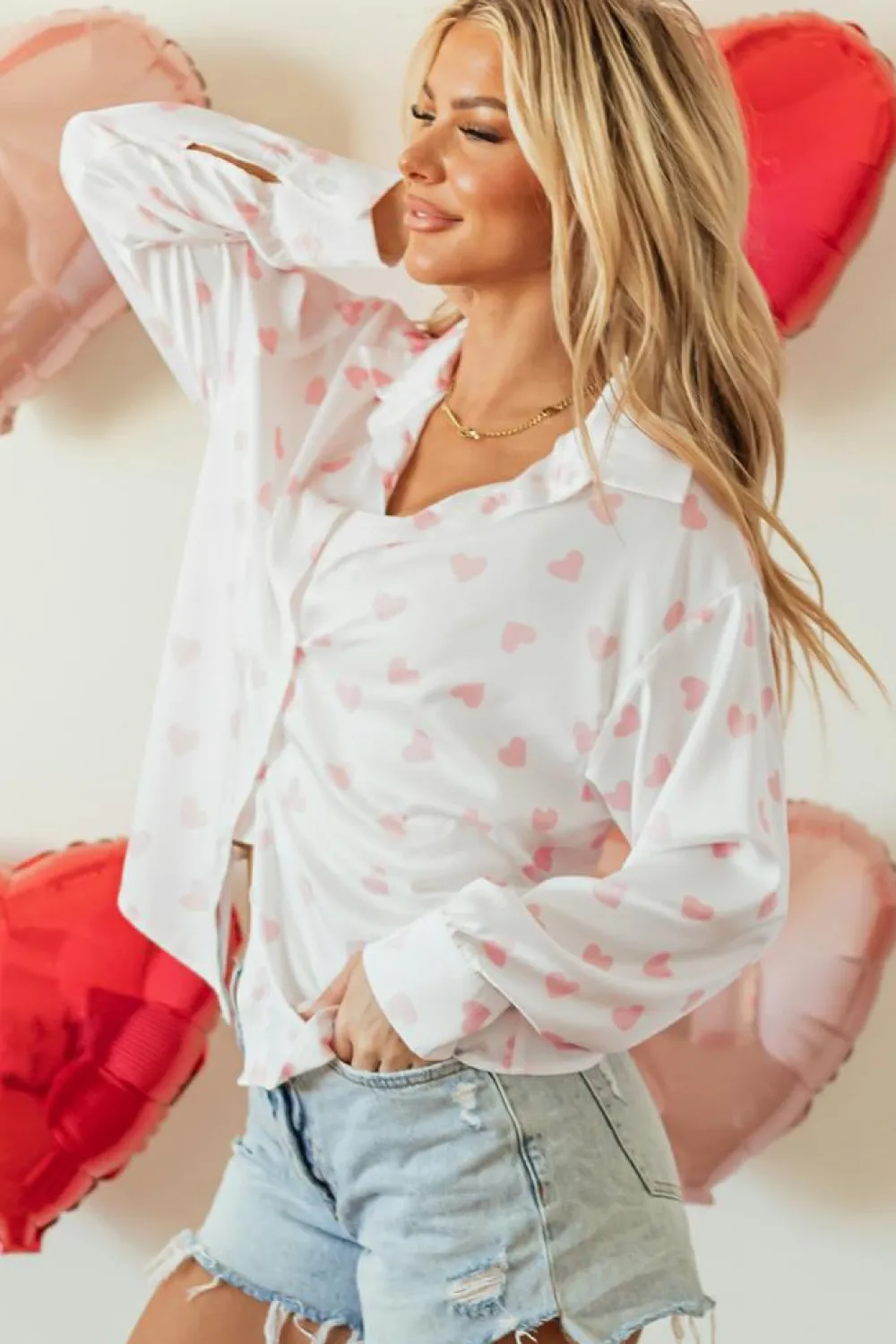 Outlet Dear-Lover Love Heart Print Drop Shoulder Puff Sleeve Shirt White