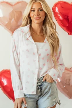 Outlet Dear-Lover Love Heart Print Drop Shoulder Puff Sleeve Shirt White