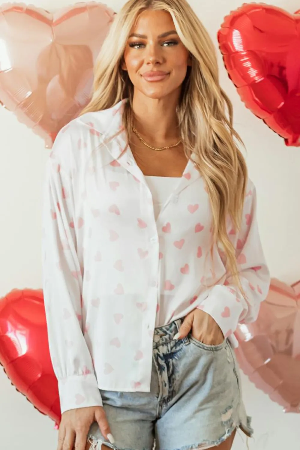 Outlet Dear-Lover Love Heart Print Drop Shoulder Puff Sleeve Shirt White