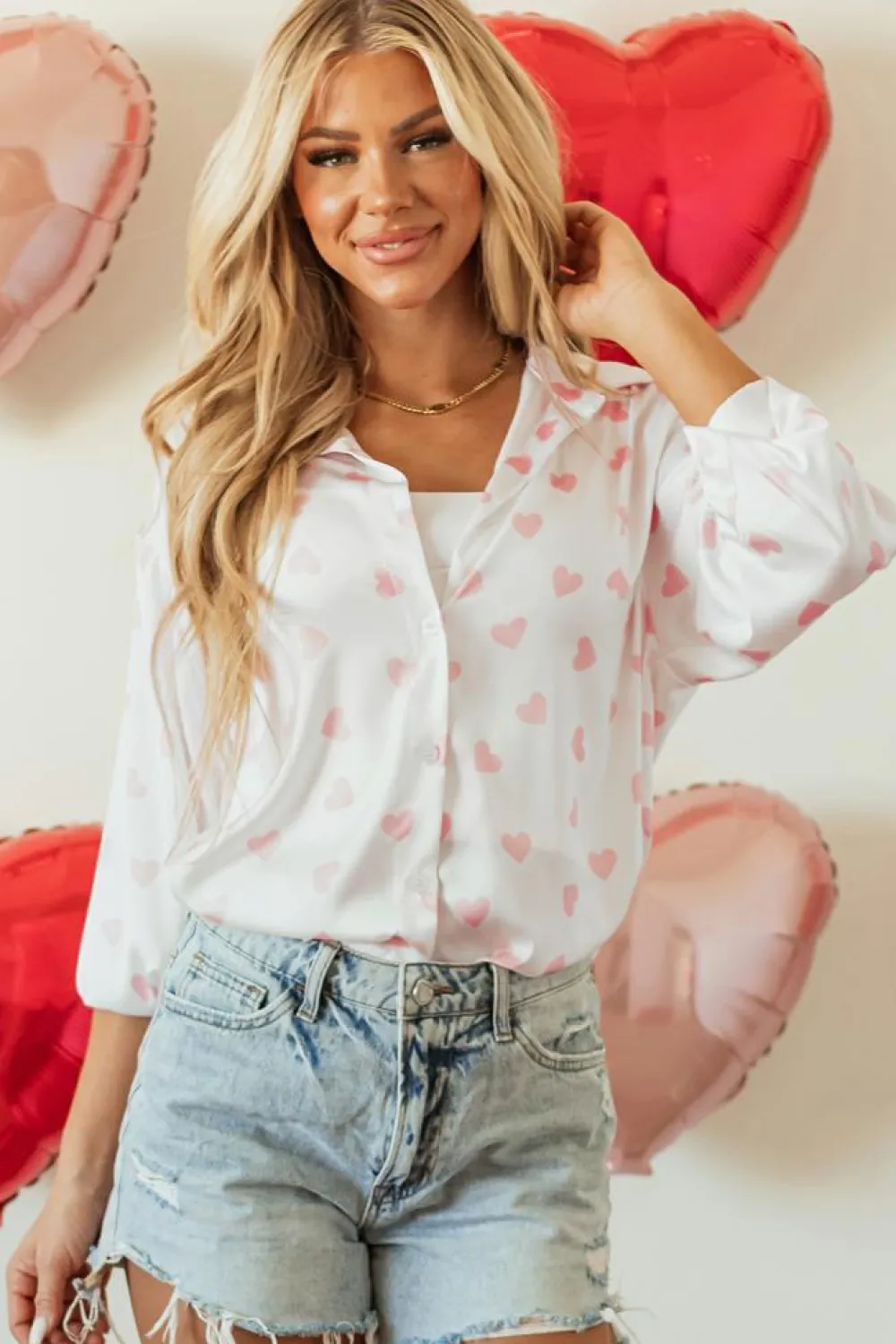 Outlet Dear-Lover Love Heart Print Drop Shoulder Puff Sleeve Shirt White